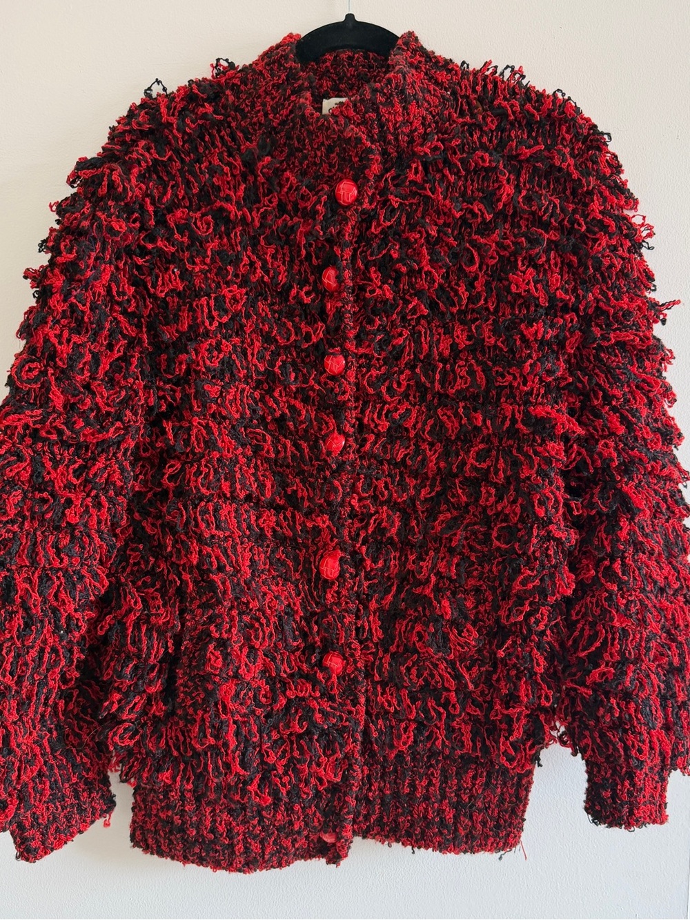 Loop-Texture Button Cardigan in Red and Black
